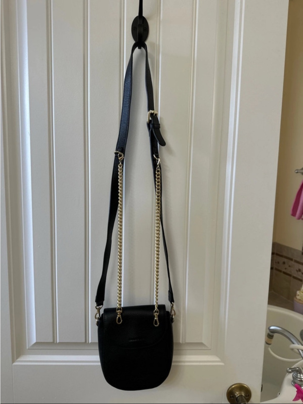 Bandolier Black Crossbody Shay Bag with Gold Chain Detail
